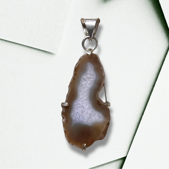 Artisan Jewelry - Natural Botswana Agate Geode Pendant Necklace on 925 Sterling Silver bail